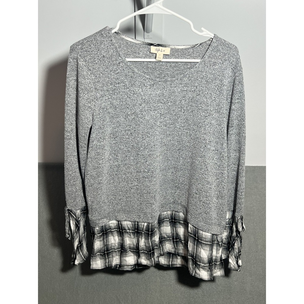 Style & Co Women's Gray Heather Plaid Ruffle Hem Layered Look Long Sleeve Top